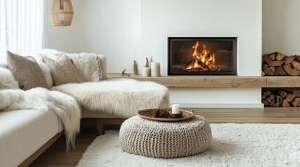 Warm livingroom with sofa and fireplace