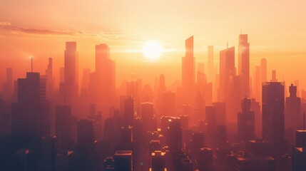 Fototapeta premium A stunning sunset over a modern city skyline, casting vibrant hues of orange and pink across the urban landscape.