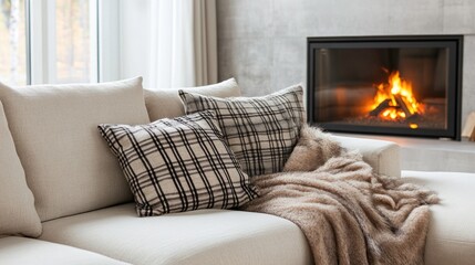 Sofa with pillows with cosy fireplace