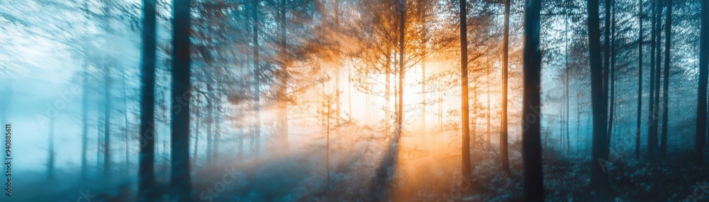 Aufkleber a serene forest scene at sunrise, where soft light breaks through the misty trees, creating a magica