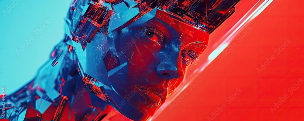 Poster Futuristic portrait of a humanoid robot with intricate mechanical features in vibrant blue and red lighting.