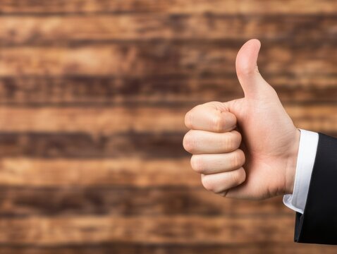 Thumbs Up Gesture on Wooden Background