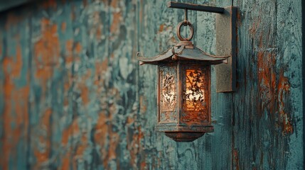  A rusted metal lantern dangles from a weathered wooden building, its side adorned with peeling, rusted paint