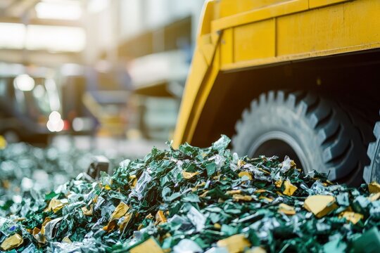 A truck parked near a pile of crushed glass waste, showcasing recycling efforts in an industrial environment.
