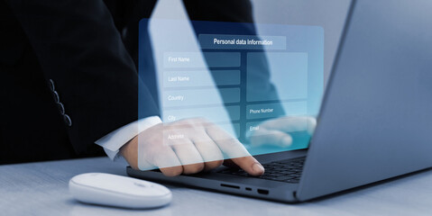 Businessman filling out a form with personal data online. Personal data  information...