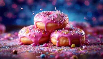 bright donuts glazed with colored sprinkles on the table in a stack on a dark background
