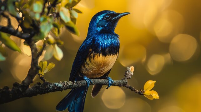  A blue bird perches on a tree branch, surrounded by yellow flowers in the foreground Background softly blurred - Powered by Adobe
