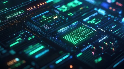 Fototapeta premium Futuristic Technology Interface with Green and Blue Lights - Abstract Digital Background
