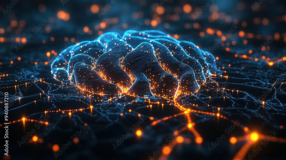 Poster abstract 3d render of a brain with neon lights and bokeh effect - artificial intelligence, neural ne