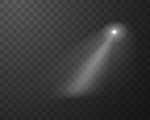 Spotlight vector effect, diagonally cone spotlight, white projector light beam from top, realistic illuminated blur rays