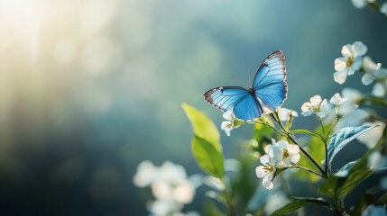  Blue butterfly atop white-flowered plant against blue-green sky