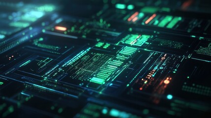 Abstract Futuristic Technology Interface with Green and Orange Lights.