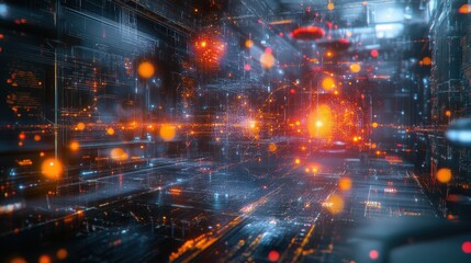 Obraz premium Abstract Futuristic Cityscape with Glowing Lights and Lines.