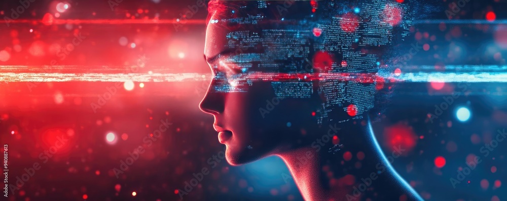 Poster a futuristic profile of a humanoid figure with glowing digital effects and a vibrant color scheme, r