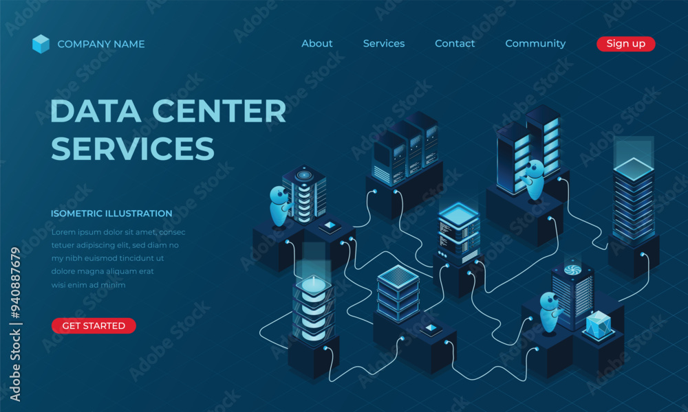 Poster isometric data center landing page concept. networking, database, cloud storage. digital technology 