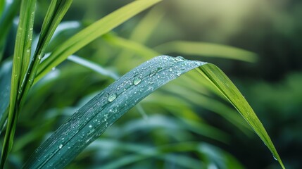 Obraz premium Close-up of a green plant with water droplets on its leaves and sun shining behind