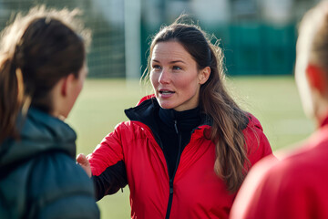 Female coach giving instructions to her sports team during practice