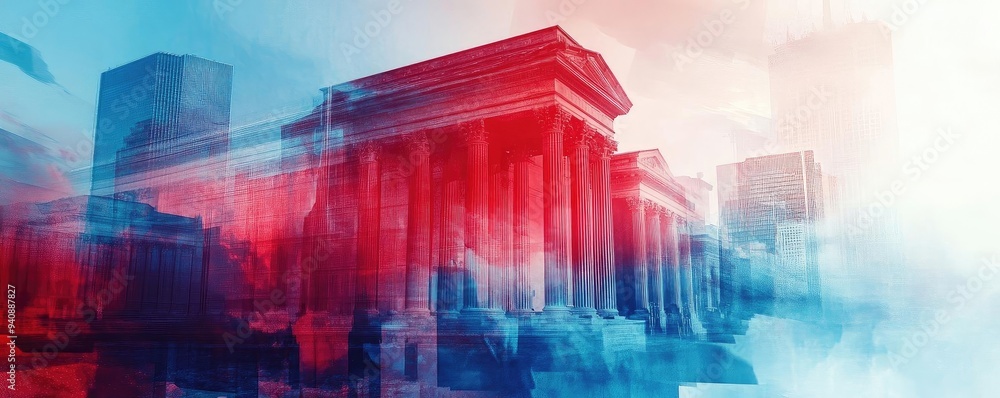 Poster an artistic depiction of a cityscape with a unique blend of red and blue tones, evoking feelings of 