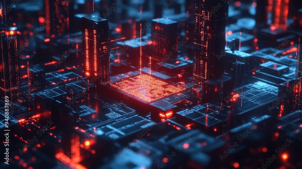 Poster futuristic cityscape with red glowing lights and code on a circuit board.