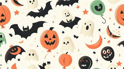 A playful Halloween-themed pattern featuring pumpkins, ghosts, bats, and balloons.