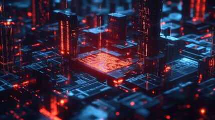 Fototapeta premium Futuristic Cityscape with Red Glowing Lights and Code on a Circuit Board.