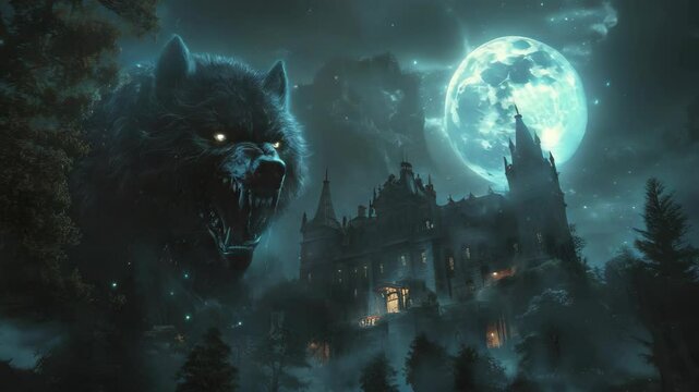 video of werewolf growls in the moonlight, illuminated by the full moon shining over a forest with a gothic house