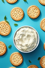 Crispy crackers biscuits and cream cheese. Top view, flatlay. Generative Ai