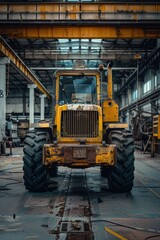 Fototapeta premium A large yellow tractor parked in a warehouse setting