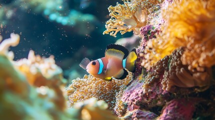  A tight shot of a fish hovering over corals, surrounded by various coral formations and sea anemones in the backdrop
