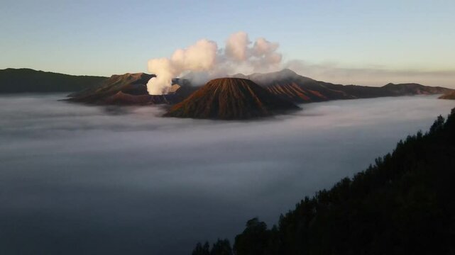 Aerial Drone Footage of Majestic Mount Bromo at Sunrise - Java, Indonesia.