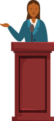 Politician speaking from tribune during political meeting, debate, or press conference