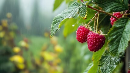  A tree laden with raspberries, berries drooping in rain, leaves dotted with water droplets, indistinct background