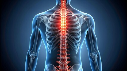An anatomical illustration of the human spine, highlighted in red to indicate potential spinal issues or areas of focus. The clean, dark background provides negative space, ideal for adding text 