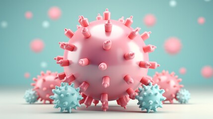 Colorful 3D illustration of a virus with spikes, representing microbial life and health challenges in a modern context.