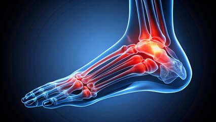 An anatomical illustration of the human foot, highlighting the bones and joints with red accents to indicate potential issues or areas of diagnostic interest. The clean, dark background creates negati