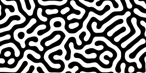 Abstract Turing organic wallpaper with background. Turing reaction diffusion monochrome seamless pattern with chaotic motion. Natural seamless line pattern. Linear design with biological shapes.
