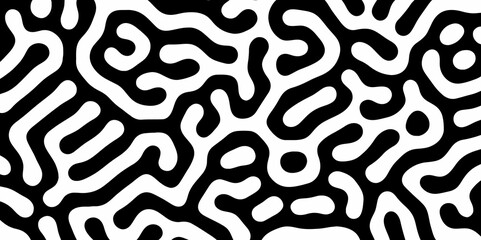 Abstract Turing organic wallpaper with background. Turing reaction diffusion monochrome seamless pattern with chaotic motion. Natural seamless line pattern. Linear design with biological shapes.