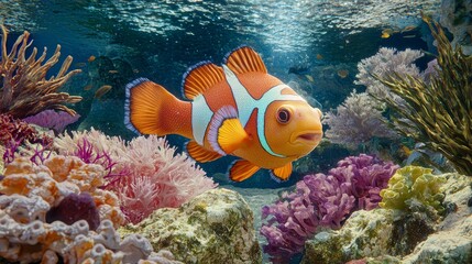 An orange-and-white clownfish swims among corals, other fish, and various marine life in a vibrant coral reef backdrop