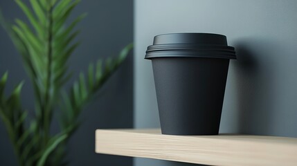 Obraz premium Black takeaway coffee cup on wooden shelf against dark background