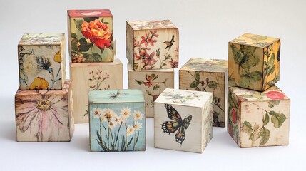 A collection of beautifully decoupaged wooden boxes featuring floral and nature designs, set against a light solid color background