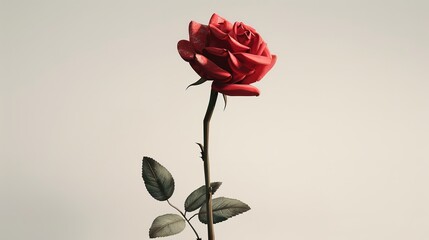 A vibrant red rose stands alone against a crisp white backdrop