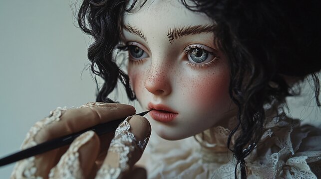 A skilled artisan focused on handcrafting a realistic doll with intricate facial features and delicate clothing against a light solid color background