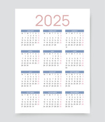 2025 year calendar. Pocket wall calender layout. Week starts Monday. Yearly organizer with 12 month in English. Scheduler template in minimal design. Vector illustration. Portrait orientation, A4