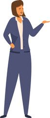 Businesswoman is standing and gesturing with her hand as if she is presenting something