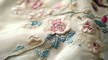 A close-up of intricate floral embroidery on a light fabric with a soft color background, highlighting the textures and details