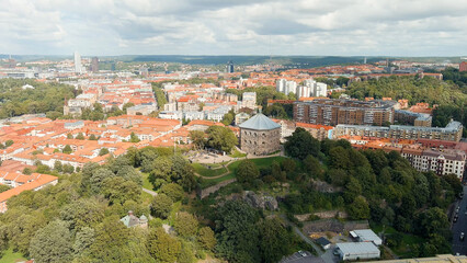 Gothenburg, Sweden. Skansen Kronan - A fortress on a hill with panoramic views of the city. Panorama of the city. Summer day. Cloudy weather, Aerial View