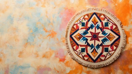 Obraz premium A beautifully embroidered tablecloth featuring geometric patterns, with ample copy space around it against a pastel backdrop