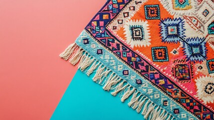 A beautifully embroidered tablecloth featuring geometric patterns, with ample copy space around it against a pastel backdrop