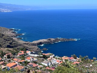 Panorama view to blue ocean near Teide in Tenerife, village