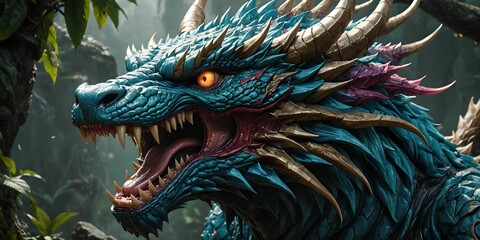 Naklejka premium wallpaper, representing a dragon's head, hyper realistic and hyper detailed image.